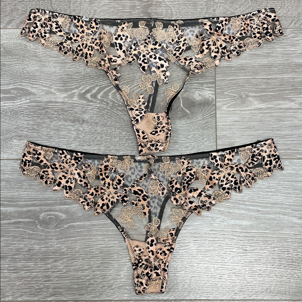 Victoria’s Secret 2 Pairs Very Sexy Leopard Mesh Floral Appliqué Thong Panties L